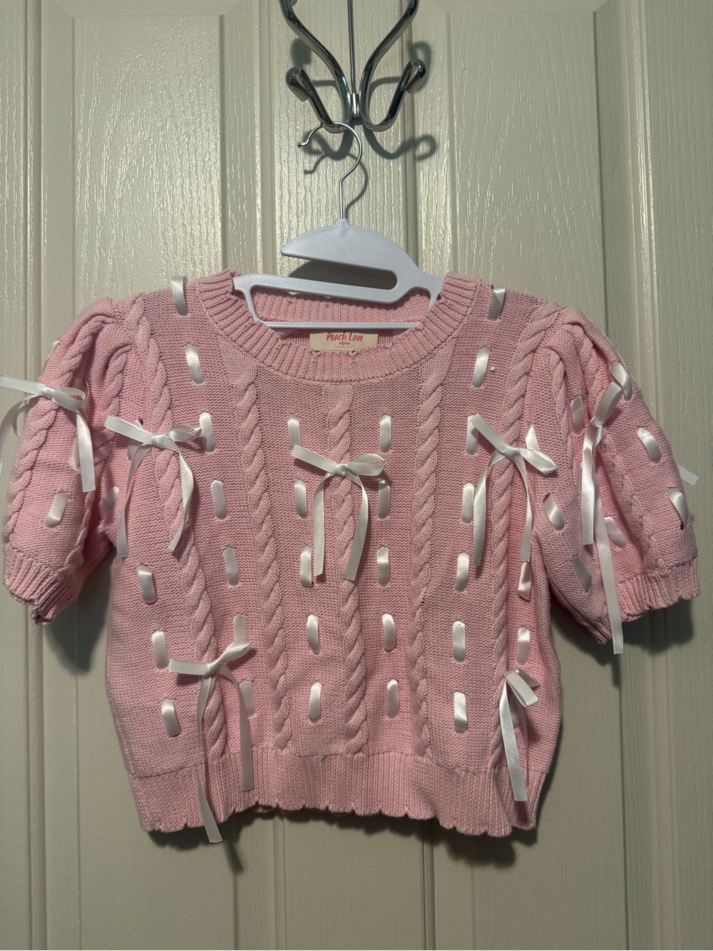 Peach Love California Pink Cable-Knit Sweater Top with Satin Bows